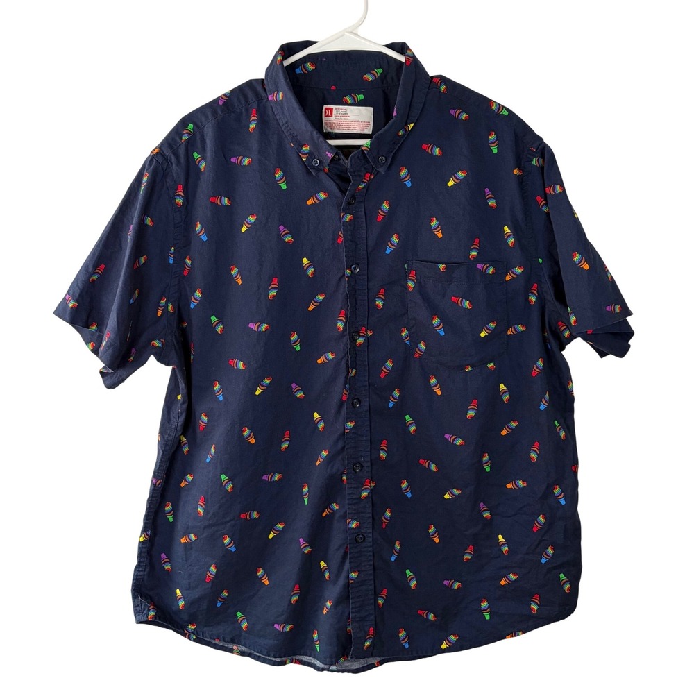 Target Mens XL Navy Blue Rainbow Ice Cream Cone Print Cotton Button Down Shirt